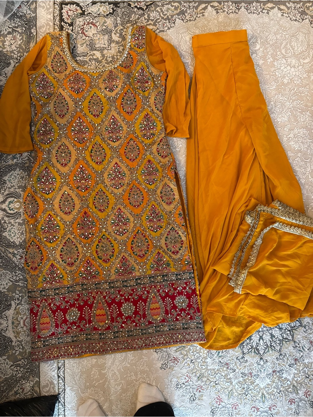 Embellished yellow orange Indian South Asian shalwar kameez three piece set